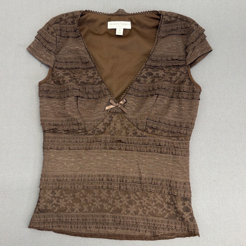 Thirty Thirty LA Brown Lace Layered V-Neck Cap Sleeve Top Small